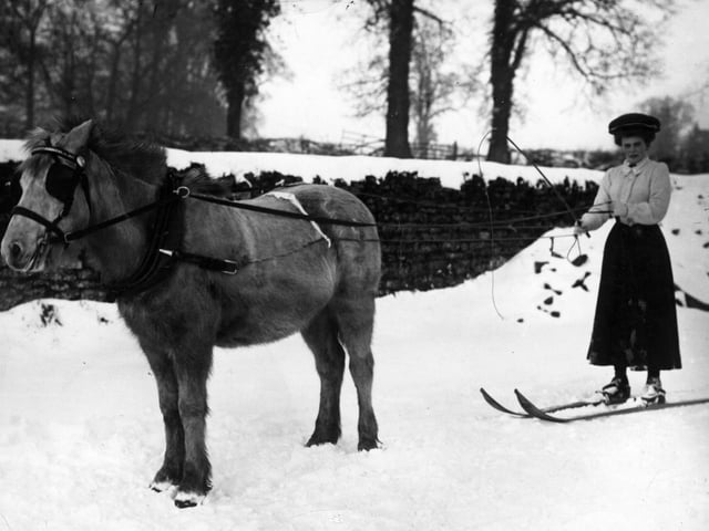 1st December 1908: A female skier about to be pulled along by a horse in Northampton. (Photo by Topical Press Agency/Getty Images)