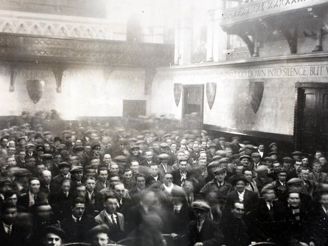 A meeting by strikers to decide further action in the United Bus Company bus strike in Northampton, in progress at County Hall, Northampton. (Photo by Hulton Archive/Getty Images)