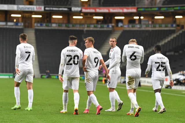 MK Dons celebrate after Harry Darling’s opener in the first half at Stadium MK