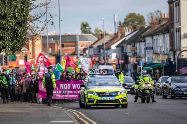 While Extinction Rebellion was responsible for the march, they met up with other COP26 Coalition members for talks in Northampton town centre. Photo: Kirsty Edmonds.
