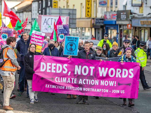 While Extinction Rebellion was responsible for the march, they met up with other COP26 Coalition members for talks in Northampton town centre. Photo: Kirsty Edmonds.