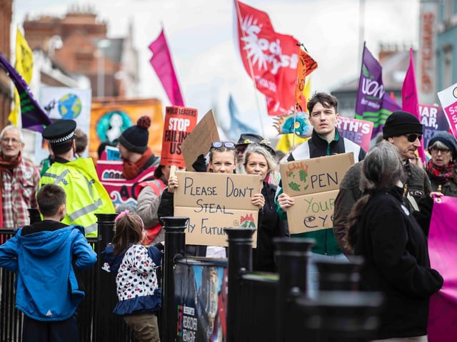 While Extinction Rebellion was responsible for the march, they met up with other COP26 Coalition members for talks in Northampton town centre. Photo: Kirsty Edmonds.