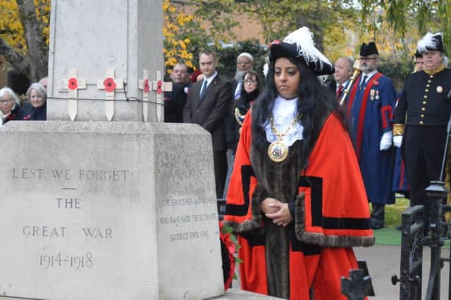 Banbury Mayor Shaida Hussain at the Remembrance Sunday service in the town centre of Banbury (Image from Banbury Town Council)