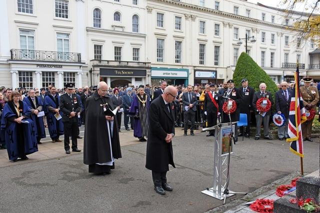 The Remembrance Sunday service at the war memorial in Leamington town centre. Photo by Allan Jennings