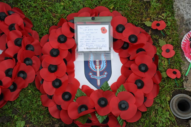 One of the poppy wreaths laid at the war memorial as part of the Leamington Remembrance Sunday event. Photo by Allan Jennings.