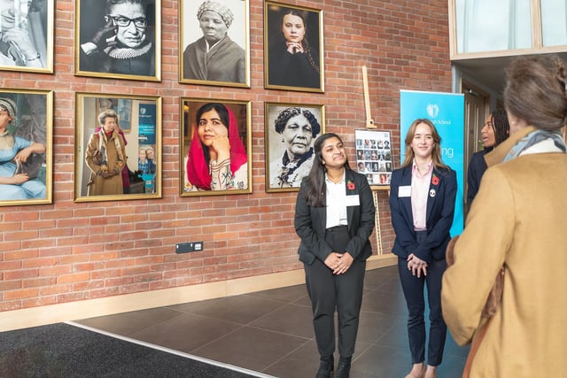 The Princess Royal with King’s High’s Head Girl team - viewing herself in the centre of the pupils’ Changemaker Gallery of inspiring women