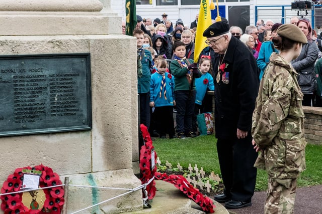 Veterans and the Community of Bexhill during the Service of Remembrance at the War Memorial, Bexhill, East Sussex, UK on November 14 2021. Lee Floyd SUS-211116-104311001