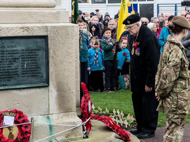 Veterans and the Community of Bexhill during the Service of Remembrance at the War Memorial, Bexhill, East Sussex, UK on November 14 2021. Lee Floyd SUS-211116-104311001
