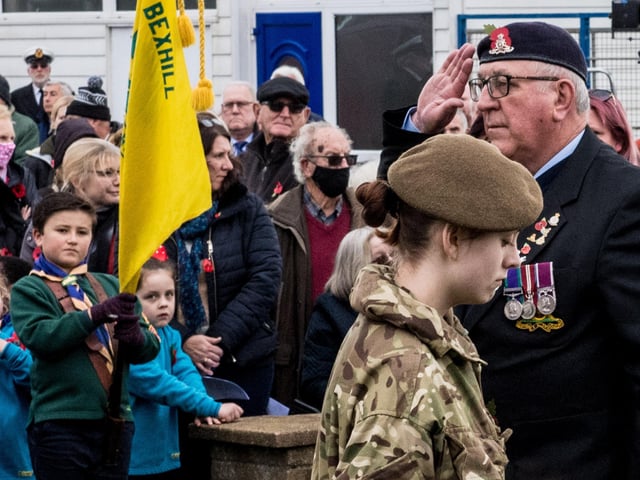 Veterans and the Community of Bexhill during the Service of Remembrance at the War Memorial, Bexhill, East Sussex, UK on November 14 2021. Lee Floyd SUS-211116-104322001
