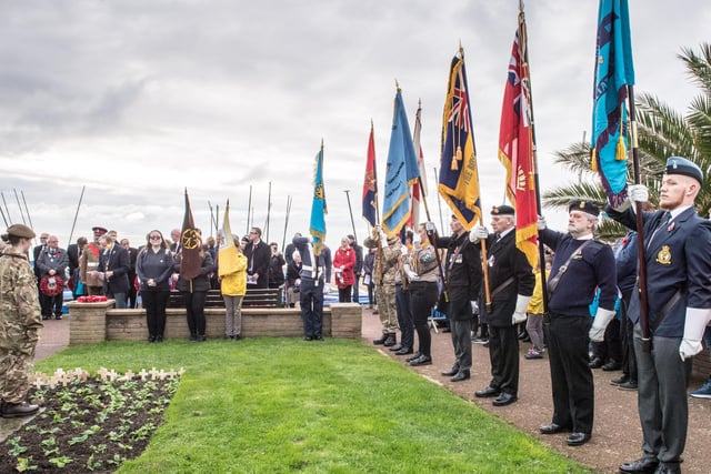 Veterans and the Community of Bexhill during the Service of Remembrance at the War Memorial, Bexhill, East Sussex, UK on November 14 2021. Lee Floyd SUS-211116-104216001