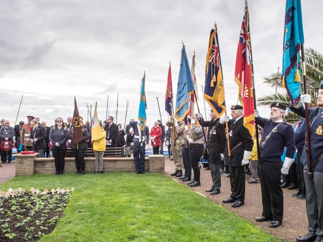 Veterans and the Community of Bexhill during the Service of Remembrance at the War Memorial, Bexhill, East Sussex, UK on November 14 2021. Lee Floyd SUS-211116-104216001
