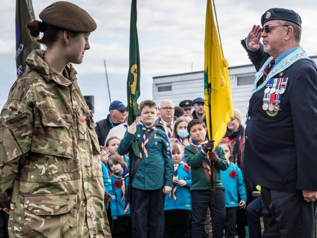 Veterans and the Community of Bexhill during the Service of Remembrance at the War Memorial, Bexhill, East Sussex, UK on November 14 2021. Lee Floyd SUS-211116-104406001