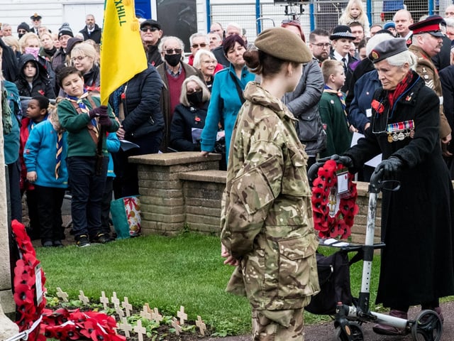 Veterans and the Community of Bexhill during the Service of Remembrance at the War Memorial, Bexhill, East Sussex, UK on November 14 2021. Lee Floyd SUS-211116-104333001