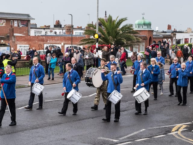 Veterans and the Community of Bexhill during the Service of Remembrance at the War Memorial, Bexhill, East Sussex, UK on November 14 2021. Lee Floyd SUS-211116-104002001