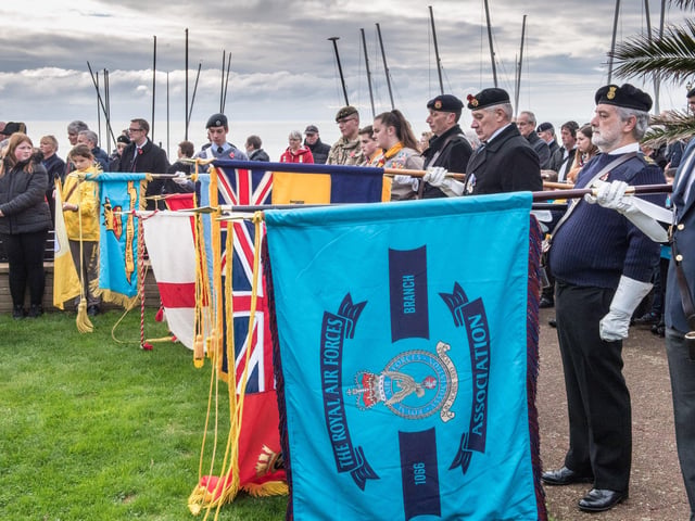 Veterans and the Community of Bexhill during the Service of Remembrance at the War Memorial, Bexhill, East Sussex, UK on November 14 2021. Lee Floyd SUS-211116-104205001