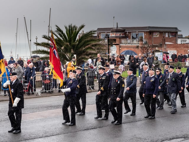 Veterans and the Community of Bexhill during the Service of Remembrance at the War Memorial, Bexhill, East Sussex, UK on November 14 2021. Lee Floyd SUS-211116-104024001