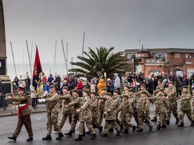 Veterans and the Community of Bexhill during the Service of Remembrance at the War Memorial, Bexhill, East Sussex, UK on November 14 2021. Lee Floyd SUS-211116-104119001