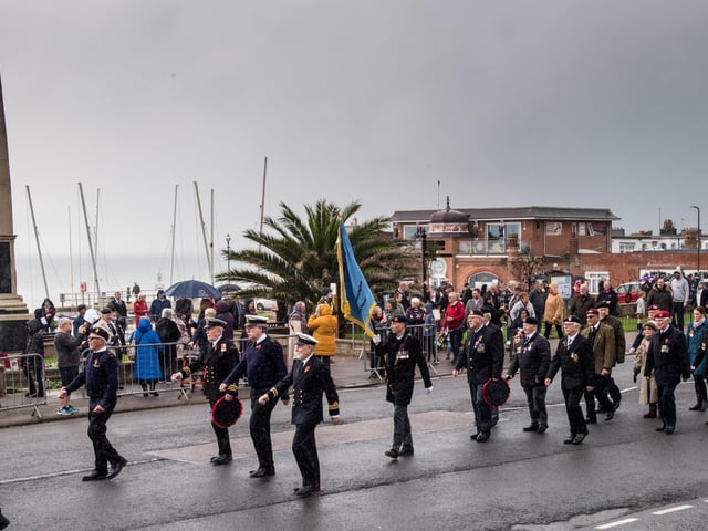 Veterans and the Community of Bexhill during the Service of Remembrance at the War Memorial, Bexhill, East Sussex, UK on November 14 2021. Lee Floyd SUS-211116-104035001