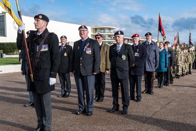 Veterans and the Community of Bexhill during the Service of Remembrance at the War Memorial, Bexhill, East Sussex, UK on November 14 2021. Lee Floyd SUS-211116-104046001