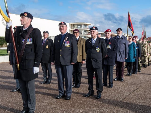 Veterans and the Community of Bexhill during the Service of Remembrance at the War Memorial, Bexhill, East Sussex, UK on November 14 2021. Lee Floyd SUS-211116-104046001