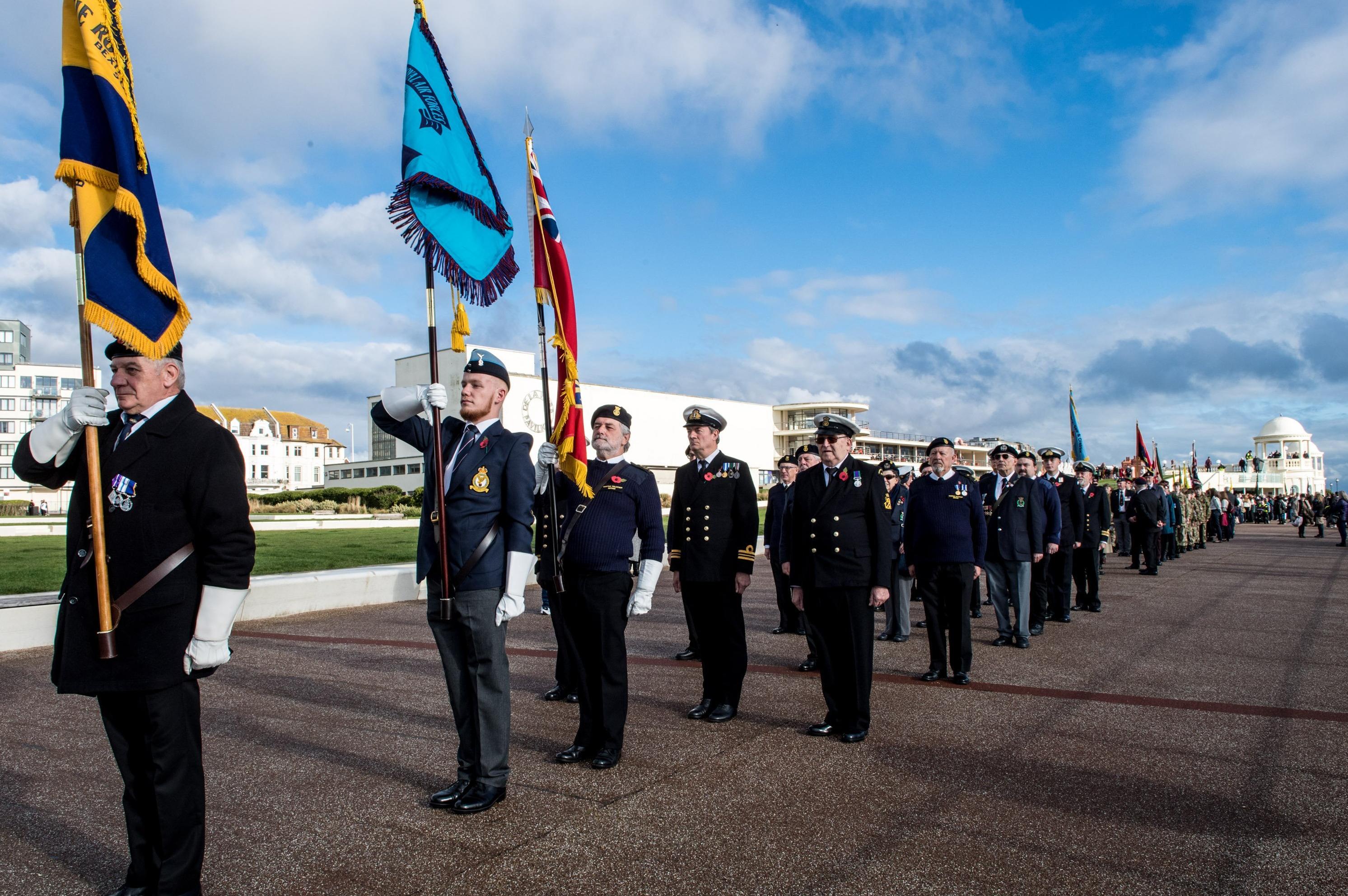 Veterans and the Community of Bexhill during the Service of Remembrance at the War Memorial, Bexhill, East Sussex, UK on November 14 2021. Lee Floyd SUS-211116-104057001