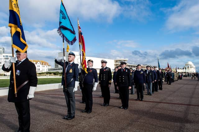 Veterans and the Community of Bexhill during the Service of Remembrance at the War Memorial, Bexhill, East Sussex, UK on November 14 2021. Lee Floyd SUS-211116-104057001