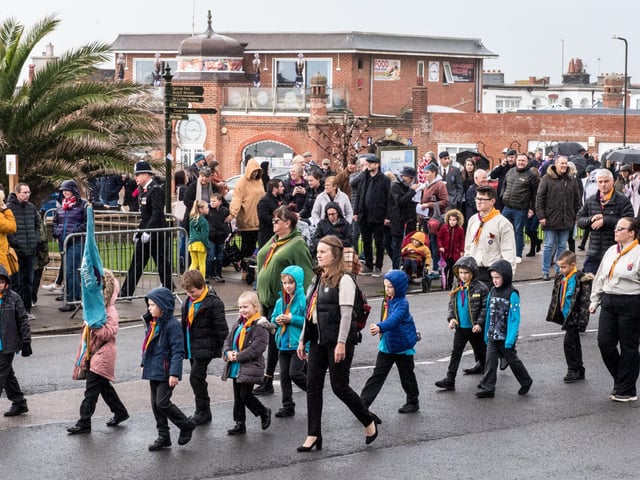 Veterans and the Community of Bexhill during the Service of Remembrance at the War Memorial, Bexhill, East Sussex, UK on November 14 2021. Lee Floyd SUS-211116-103928001