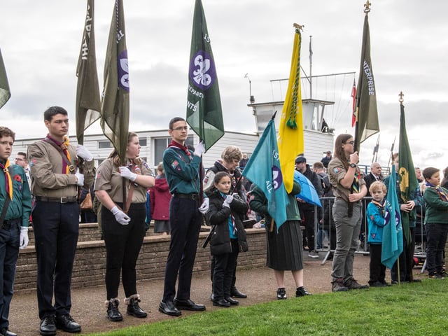 Veterans and the Community of Bexhill during the Service of Remembrance at the War Memorial, Bexhill, East Sussex, UK on November 14 2021. Lee Floyd SUS-211116-103939001