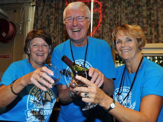 Eastbourne Beer Festival 2012 Winter Garden October 6th 2012 E41082N
Selling wine are (L to R): Gill Kirkman, Brian Cruddas and Maureen Neal. ENGSUS00120120810150855