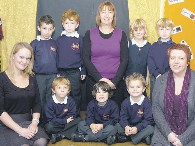 Brant Broughton, with (from left) class teacher Rachel Simeoli, teaching assistant Sue Dunne and headteacher Krysta Parsons.