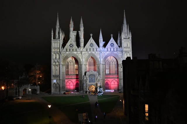 Christmas lights switch on in the City Centre. Cathedral West front lights.
