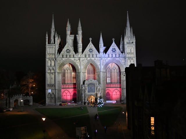 Christmas lights switch on in the City Centre. Cathedral West front lights.