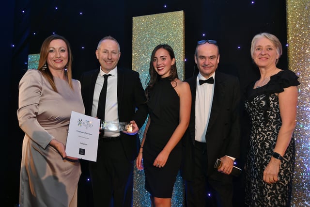 Peterborough Telegraph Business Excellence Awards 2021.  Employer of the Year winners Whirlpool Uk  with runners up Coloplast ,  sponsor Karl Hick and guest Ann Daniels EMN-211120-003904009