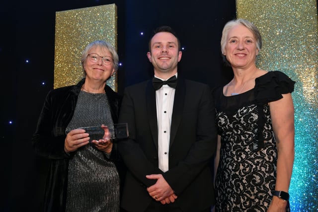 Peterborough Telegraph Business Excellence Awards 2021.  Customer Service Award winner Colorplast with sponsor  Matthew Grief and Ann Daniels. EMN-211120-003616009