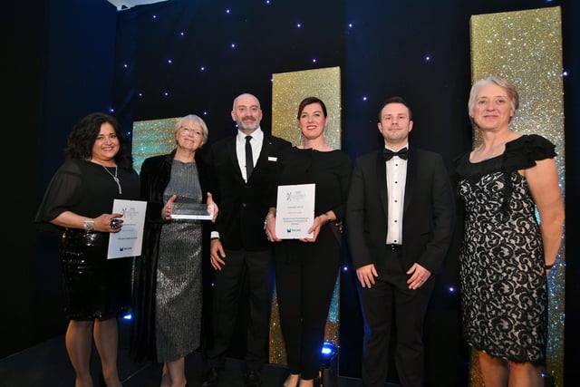 Peterborough Telegraph Business Excellence Awards 2021.  Customer Service Award winner Colorplast with runners up Bluebird Care and Whirlpool UK ,   sponsor  Matthew Grief and Ann Daniels. EMN-211120-003628009