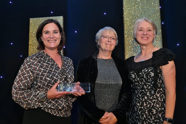 Peterborough Telegraph Business Excellence Awards 2021.  Innovative Product or Service of the Year winners Peters Cleaners with sponsor Lynda Warren and Ann Daniels EMN-211120-003639009