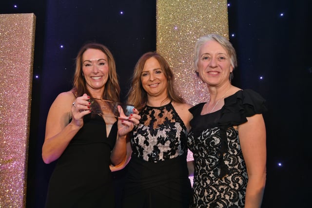 Peterborough Telegraph Business Excellence Awards 2021. Small Business of the Year winner  LOF Office Furniture with sponsor  Karen Charlton and Ann Daniels. EMN-211120-003808009