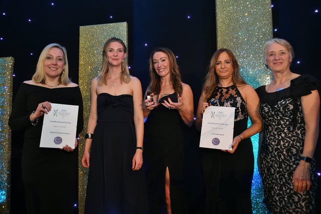Peterborough Telegraph Business Excellence Awards 2021. Small Business of the Year winner  LOF Office Furniture with runners up  Athene Communications and The Saddle Bank sponsor  Karen Charlton and Ann Daniels. EMN-211120-003820009
