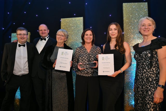 Peterborough Telegraph Business Excellence Awards 2021.  Innovative Product or Service of the Year winners Peters Cleaners with runners up  TOGIP and The Letting Hub,  sponsor Lynda Warren and Ann Daniels EMN-211120-003650009