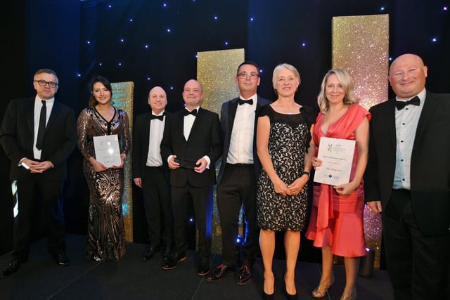 Peterborough Telegraph Business Excellence Awards 2021. Medium  Business of the Year winner Dark Engineering with runners up Retirement Line and The Letting Hub , sponsor Mark East and Ann Daniels. EMN-211120-003508009