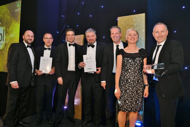Peterborough Telegraph Business Excellence Awards 2021. Large   Business of the Year winner Whirlpool Appliances  with  runners up  Coloplast and Taylor Rose, sponsor Matthew Pudney and Ann Daniels. EMN-211120-003530009