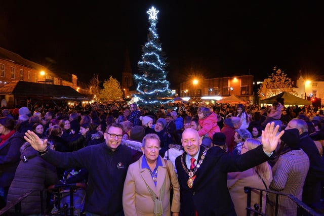 Nick Shaw of HFM, June Bilbie and chairman Stephen Bilbie during the Christmas Tree light switch on.