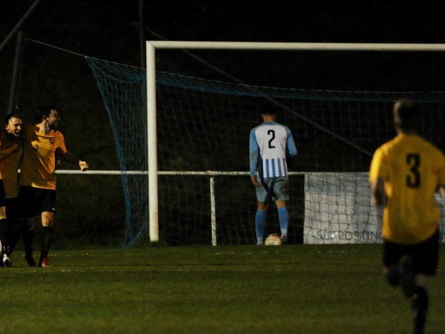 Celebrating Declan Jankins' goal. Worthing United FC v Storrington Town FC. Picture by Stephen Goodger SUS-211121-131322004