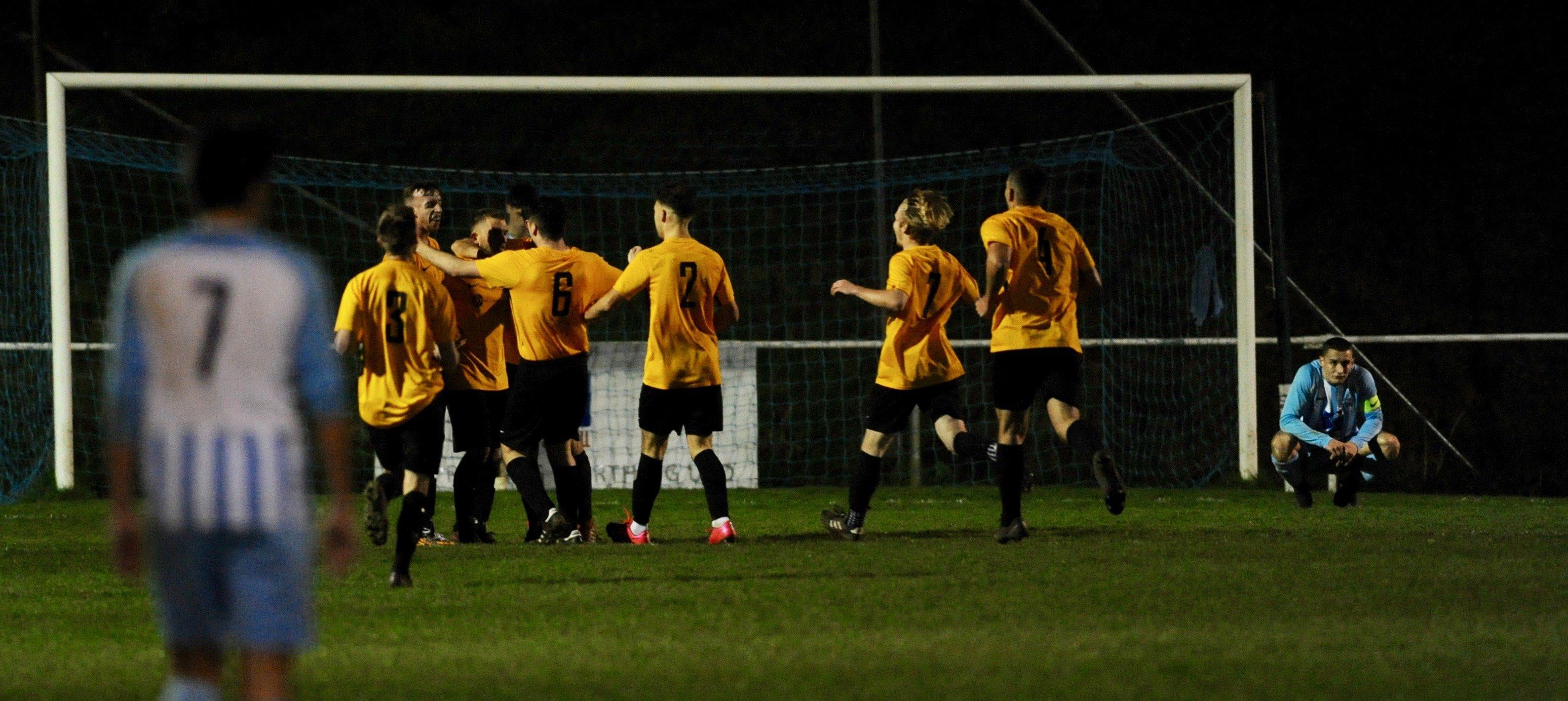 Celebrating Declan Jankins' goal. Worthing United FC v Storrington Town FC. Picture by Stephen Goodger SUS-211121-132245004