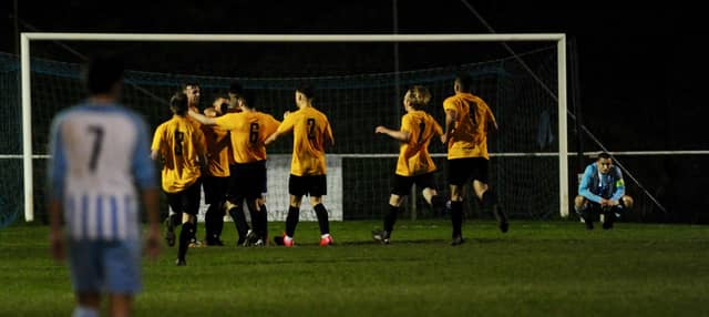 Celebrating Declan Jankins' goal. Worthing United FC v Storrington Town FC. Picture by Stephen Goodger SUS-211121-132245004