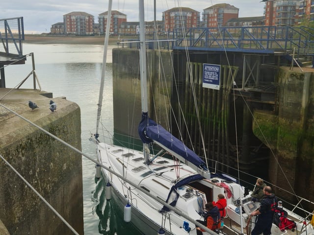 Yacht leaving the lock at Sovereign Harbour, taken by Stella Lockyer. SUS-211122-105749001
