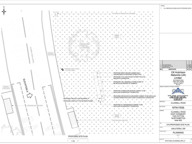 Telecommunications Mast Clannell Road, -, Northampton, Northamptonshire
Prior Notification of 5G telecoms installation, to include 15 metre high slim line Phase 8 H3G street pole c/w wrap around cabinet and 3no. cabinets with ancillary works to be coloured grey
Planning Application WNN/2021/0788 - Valid From 23/09/2021