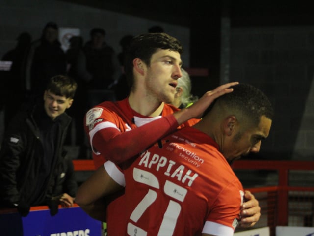 Ashley Nadesan and Kwesi Appiah celebrates. Crawley Town v Newport County - picture by Cory Pickford SUS-211124-095739004