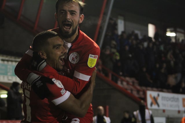 Kwesi Appiah and Jack Powell celebrate. Crawley Town v Newport County - picture by Cory Pickford SUS-211124-095703004