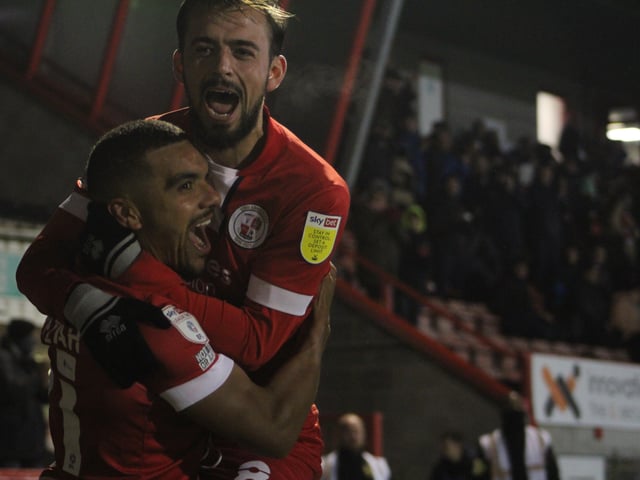 Kwesi Appiah and Jack Powell celebrate. Crawley Town v Newport County - picture by Cory Pickford SUS-211124-095703004